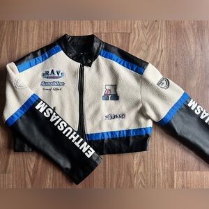 Cropped Pleather Jacket with Blue Accents